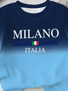 1套男嬰休閒運動套裝，漸層藍色紮染對比印花，胸前 MILANO ITALIA 字樣與國旗圖案，長袖圓領標準肩寬寬鬆版型，袖口與下擺收邊，薄款運動衫與運動長褲2件套，適合日常外出、上學、戶外散步 - 彩色 - 查看 7