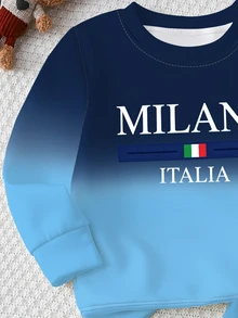 1套男嬰休閒運動套裝，漸層藍色紮染對比印花，胸前 MILANO ITALIA 字樣與國旗圖案，長袖圓領標準肩寬寬鬆版型，袖口與下擺收邊，薄款運動衫與運動長褲2件套，適合日常外出、上學、戶外散步 - 彩色 - 查看 6