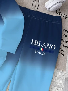1套男嬰休閒運動套裝，漸層藍色紮染對比印花，胸前 MILANO ITALIA 字樣與國旗圖案，長袖圓領標準肩寬寬鬆版型，袖口與下擺收邊，薄款運動衫與運動長褲2件套，適合日常外出、上學、戶外散步 - 彩色 - 查看 3