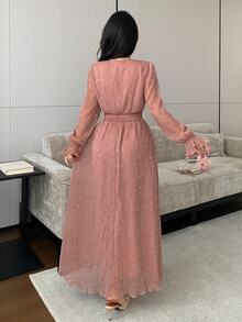 Celisse Gaun Panjang Pesta Elegan untuk Wanita dengan Hiasan Payet, Jala, Leher Silang, dan Patchwork Renda - Khaki - View 2