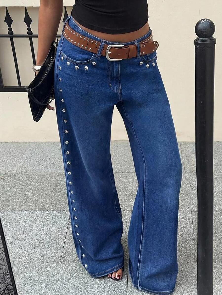 Siren Gaze 女款鉚釘設計口袋直筒休閒牛仔褲，River Jeans，休閒優雅度假穿搭，百搭時尚可愛夏季造型