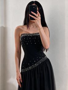 Modelyn 女款水鑽裝飾抹胸式正式優雅浪漫禮服，適合婚禮、派對、舞會、畢業典禮、活動、排練晚餐，黑色，秋季新年款 - 黑色 - 查看 4