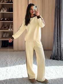 Aloruh Women's Casual Color-Block Loose Street Fashion Hoodie In Autumn/Winter, Pale Yellow With Brown Stripes. Two-Piece Set For Autumn. - Multicolor - View 4