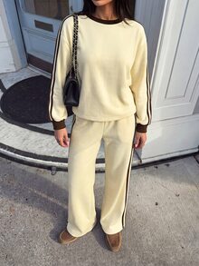 Aloruh Women's Casual Color-Block Loose Street Fashion Hoodie In Autumn/Winter, Pale Yellow With Brown Stripes. Two-Piece Set For Autumn. - Multicolor - View 7