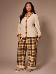 Lazeform Classic Retro Plaid Patchwork V-Neck Plush Cardigan Plus Size Pajama 2 Pieces Set - Brown - View 5
