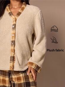 Lazeform Classic Retro Plaid Patchwork V-Neck Plush Cardigan Plus Size Pajama 2 Pieces Set - Brown - View 2