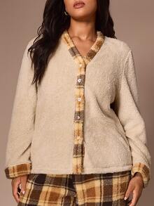 Lazeform Classic Retro Plaid Patchwork V-Neck Plush Cardigan Plus Size Pajama 2 Pieces Set - Brown - View 8