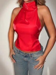 SHEIN ICON Women's Solid Color Fashionable Backless Sexy Halter Neck Camisole - Red - View 5