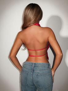 SHEIN ICON Women's Solid Color Fashionable Backless Sexy Halter Neck Camisole - Red - View 2