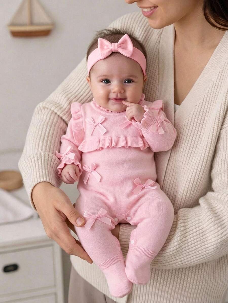 SHEIN Newborn Pink Knit Footed Romper With Lace Collar & Lace Bows - Pink - View 1