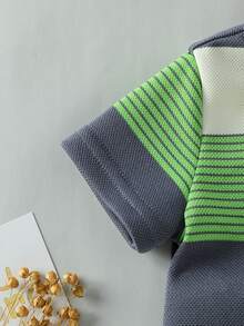 SHEIN 男嬰嬰兒休閒可愛熊刺繡徽章不對稱條紋短袖 Polo 衫與短褲套裝，適合夏季 - 彩色 - 查看 4