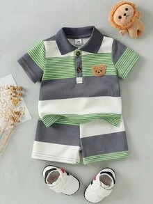 SHEIN 男嬰嬰兒休閒可愛熊刺繡徽章不對稱條紋短袖 Polo 衫與短褲套裝，適合夏季 - 彩色 - 查看 1