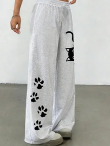 青少年女孩灰色貓咪印花寬腿長褲，鬆緊腰垂墜拖地長度休閒直筒運動褲 - 彩色 - 查看 2