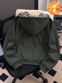 青少年女孩夾克，女孩深灰色連帽保暖內裡開襟衫，連帽內豹紋印花內裡，秋冬，長袖，拉鍊，休閒，秋季 - 彩色 - 查看 2