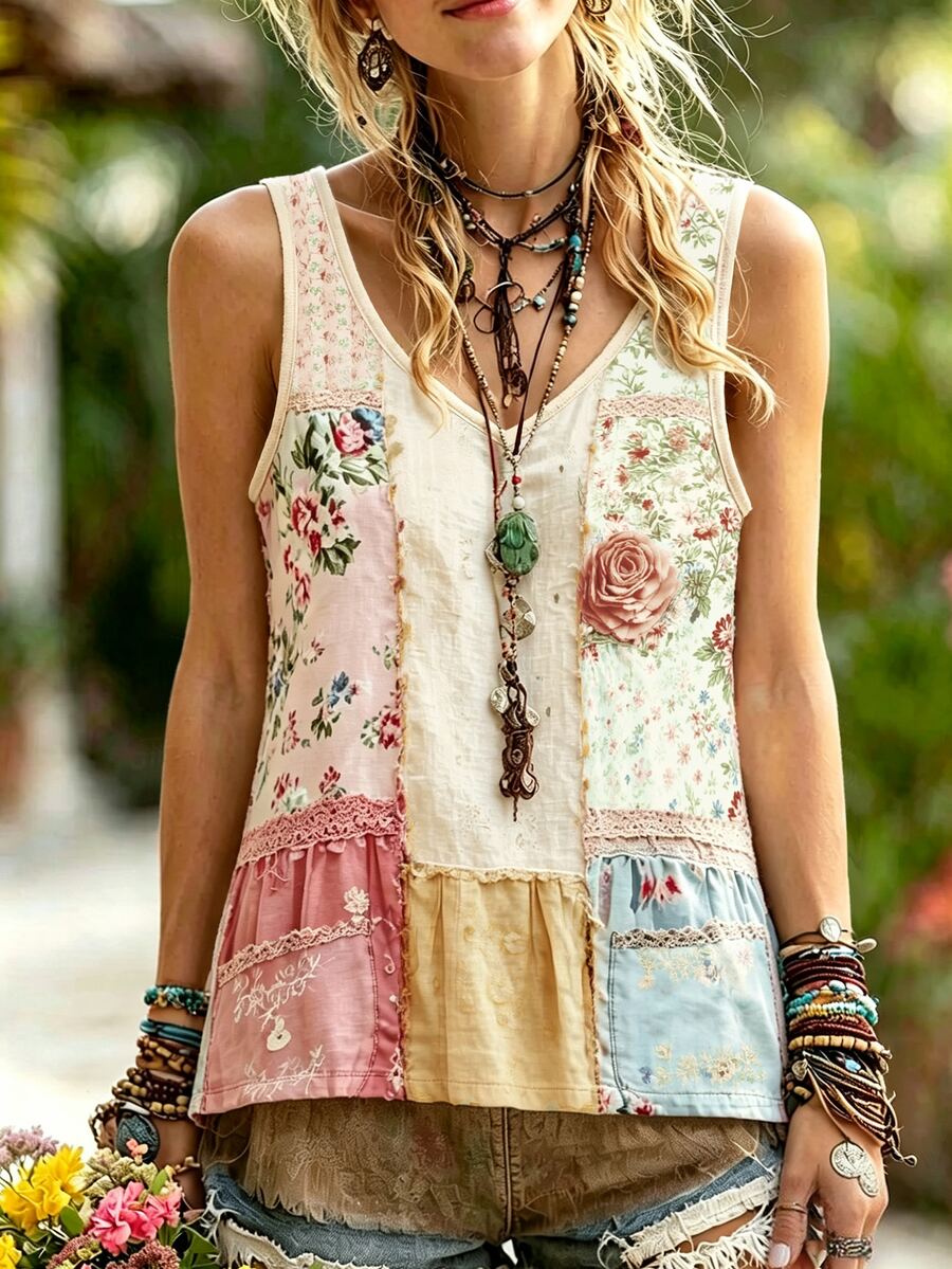 Selamara Women's Floral Print V-Neck Casual Versatile Tank Top - Multicolor - View 1