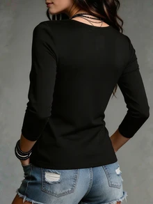 LUMIGAL Women's 2026 Autumn/Winter Sheer Neckline Patchwork Long Sleeve Base Layer T-Shirt - Black - View 2