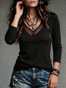LUMIGAL Women's 2026 Autumn/Winter Sheer Neckline Patchwork Long Sleeve Base Layer T-Shirt - Black - View 5