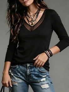 LUMIGAL Women's 2026 Autumn/Winter Sheer Neckline Patchwork Long Sleeve Base Layer T-Shirt - Black - View 4