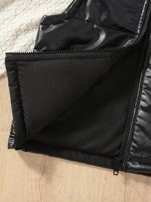 SHEIN Boys Fashion PU Leather Pocket Thickened Vest, Suitable For Casual Daily Outings, Autumn/Winter, Vest - Black - View 6