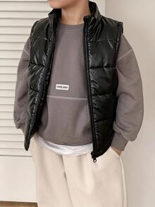 SHEIN Boys Fashion PU Leather Pocket Thickened Vest, Suitable For Casual Daily Outings, Autumn/Winter, Vest - Black - View 1