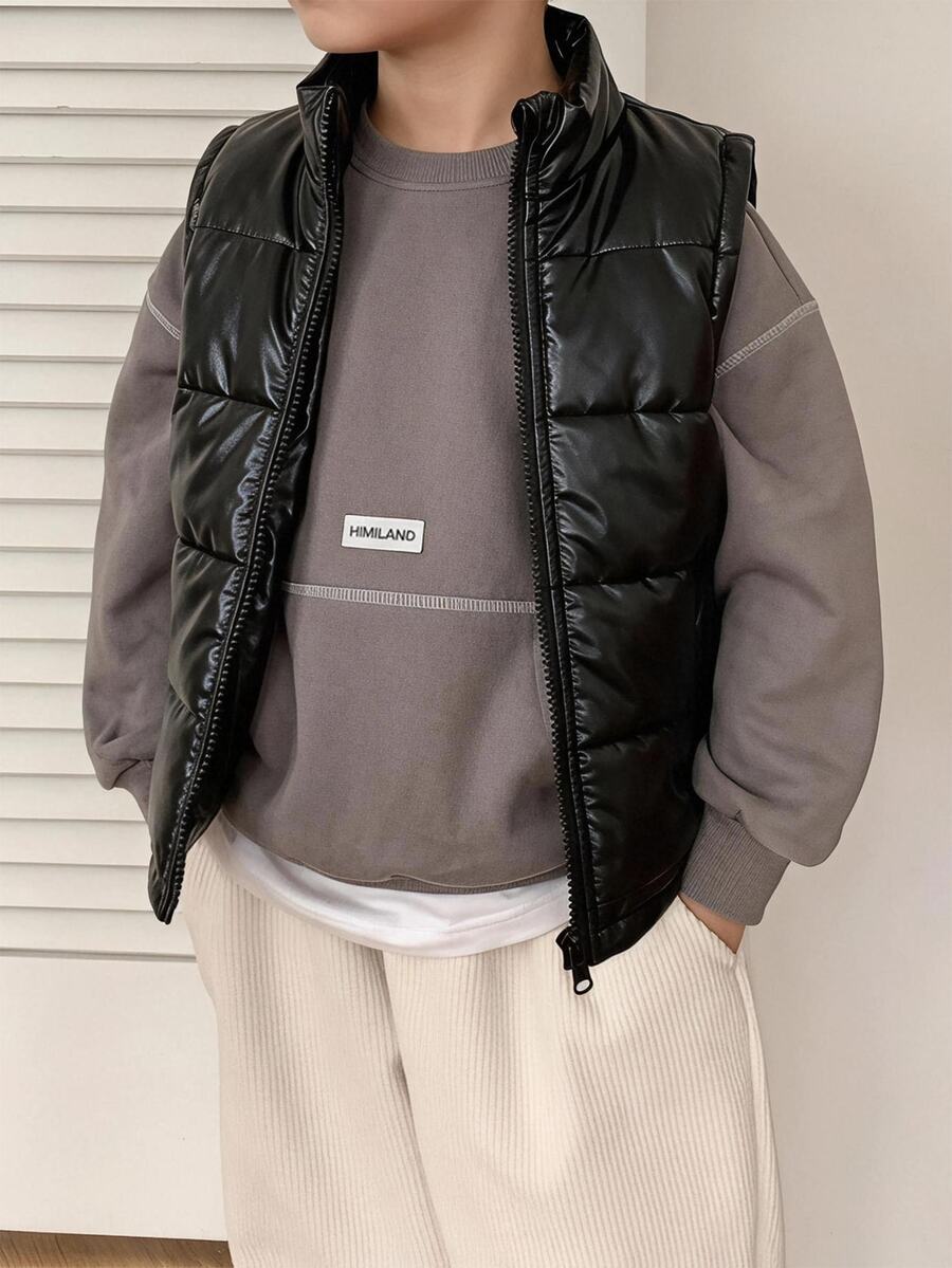 SHEIN Boys Fashion PU Leather Pocket Thickened Vest, Suitable For Casual Daily Outings, Autumn/Winter, Vest - Black - View 1