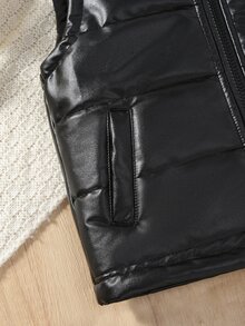 SHEIN Boys Fashion PU Leather Pocket Thickened Vest, Suitable For Casual Daily Outings, Autumn/Winter, Vest - Black - View 7