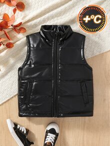 SHEIN Boys Fashion PU Leather Pocket Thickened Vest, Suitable For Casual Daily Outings, Autumn/Winter, Vest - Black - View 3