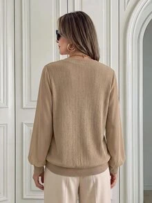 Miaspire Modern Elegant Vintage, Frog Button Patchwork, Blouses For Women, Knit Chiffon Brown, Long Sleeve Round Neck, Work Office Party, New Year, Fall Winter - Khaki - View 2