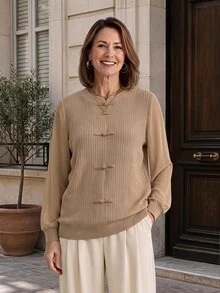 Miaspire Modern Elegant Vintage, Frog Button Patchwork, Blouses For Women, Knit Chiffon Brown, Long Sleeve Round Neck, Work Office Party, New Year, Fall Winter - Khaki - View 1