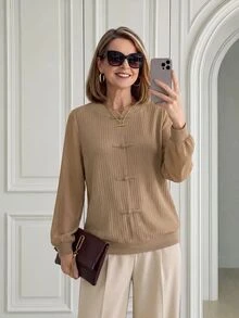 Miaspire Modern Elegant Vintage, Frog Button Patchwork, Blouses For Women, Knit Chiffon Brown, Long Sleeve Round Neck, Work Office Party, New Year, Fall Winter - Khaki - View 5