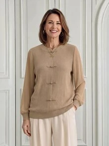 Miaspire Modern Elegant Vintage, Frog Button Patchwork, Blouses For Women, Knit Chiffon Brown, Long Sleeve Round Neck, Work Office Party, New Year, Fall Winter - Khaki - View 7