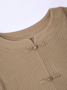Miaspire Modern Elegant Vintage, Frog Button Patchwork, Blouses For Women, Knit Chiffon Brown, Long Sleeve Round Neck, Work Office Party, New Year, Fall Winter - Khaki - View 3