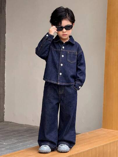 2pcs/Set Young Boys Casual Basic Dark Blue Denim Loose Shirt & Pants,Fall/Winter,For Kids Boys School Clothes,Streetwear Outfits,Toddler Two-Piece Set