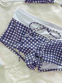 SHEIN Swim 女士沙滩装格子印花性感运动短裤比基尼套装，棕色沙滩泳装，适合女士情人节新年派对度假穿着，春夏泳装 - 藍色 - 查看 6