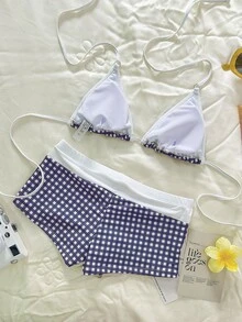 SHEIN Swim 女士沙滩装格子印花性感运动短裤比基尼套装，棕色沙滩泳装，适合女士情人节新年派对度假穿着，春夏泳装 - 藍色 - 查看 5