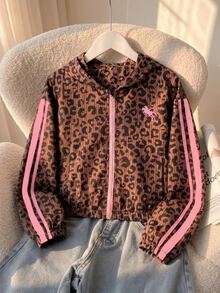 SHEIN 少女秋季服飾 粉色長袖豹紋連帽拉鍊夾克 秋季休閒街頭風 牛仔風 開學季短版寬鬆舒適... - 棕色 - 查看 6