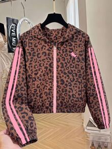 SHEIN 少女秋季服飾 粉色長袖豹紋連帽拉鍊夾克 秋季休閒街頭風 牛仔風 開學季短版寬鬆舒適... - 棕色 - 查看 4
