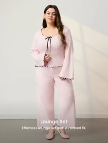 LUVLETTE Plus Size Women Cotton Spandex Pajama Set Square Neck Long Sleeve Top & Wide Leg Pants Contrast Ruffle Trim Bow Detail Loungewear - Pink - View 2