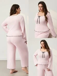 LUVLETTE Plus Size Women Cotton Spandex Pajama Set Square Neck Long Sleeve Top & Wide Leg Pants Contrast Ruffle Trim Bow Detail Loungewear - Pink - View 3