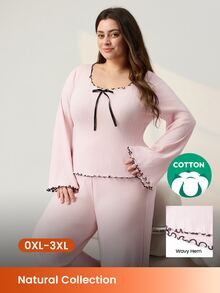 LUVLETTE Plus Size Women Cotton Spandex Pajama Set Square Neck Long Sleeve Top & Wide Leg Pants Contrast Ruffle Trim Bow Detail Loungewear - Pink - View 1