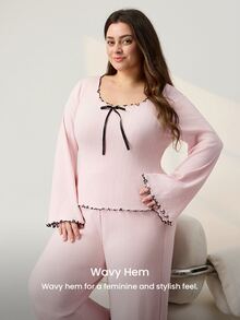 LUVLETTE Plus Size Women Cotton Spandex Pajama Set Square Neck Long Sleeve Top & Wide Leg Pants Contrast Ruffle Trim Bow Detail Loungewear - Pink - View 7