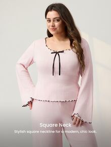 LUVLETTE Plus Size Women Cotton Spandex Pajama Set Square Neck Long Sleeve Top & Wide Leg Pants Contrast Ruffle Trim Bow Detail Loungewear - Pink - View 5
