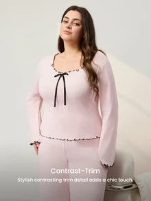 LUVLETTE Plus Size Women Cotton Spandex Pajama Set Square Neck Long Sleeve Top & Wide Leg Pants Contrast Ruffle Trim Bow Detail Loungewear - Pink - View 10