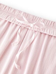 LUVLETTE Plus Size Women Cotton Spandex Pajama Set Square Neck Long Sleeve Top & Wide Leg Pants Contrast Ruffle Trim Bow Detail Loungewear - Pink - View 11