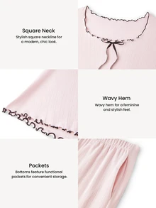 LUVLETTE Plus Size Women Cotton Spandex Pajama Set Square Neck Long Sleeve Top & Wide Leg Pants Contrast Ruffle Trim Bow Detail Loungewear - Pink - View 4
