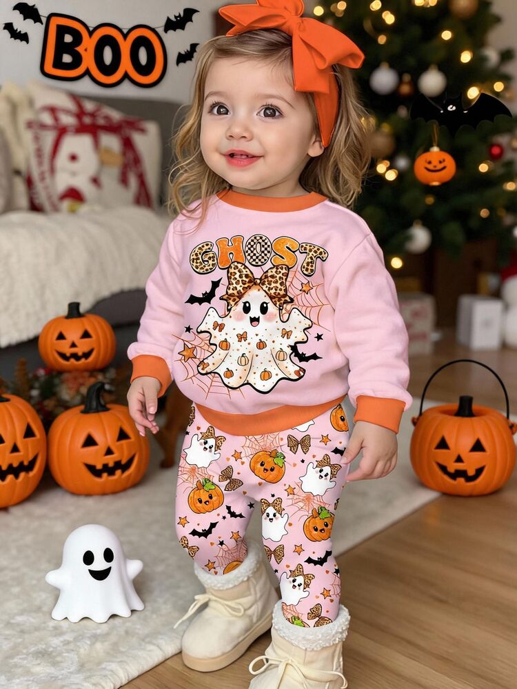 Halloween, Baby Girl Casual Minimalist Cute Shiny Halloween Ghost, Pumpkin, Bat Pattern, Cream Pink, Loose Round Neck Sweatshirt Elastic Waist Long Pants Set Suitable For Autumn/Winter Looks Of Party, Fall, Winter, Kawaii, - Multicolor - View 2