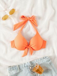 SHEIN Swim 2026春夏款聚拢提臀特制面料蝴蝶结露背橙色甜美女士比基尼泳装上衣 - 橘色 - 查看 3