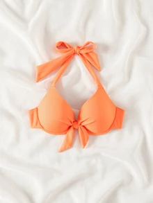 SHEIN Swim 2026春夏款聚拢提臀特制面料蝴蝶结露背橙色甜美女士比基尼泳装上衣 - 橘色 - 查看 6