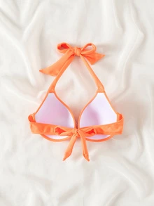 SHEIN Swim 2026春夏款聚拢提臀特制面料蝴蝶结露背橙色甜美女士比基尼泳装上衣 - 橘色 - 查看 2