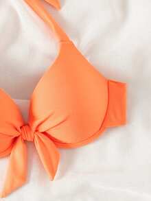 SHEIN Swim 2026春夏款聚拢提臀特制面料蝴蝶结露背橙色甜美女士比基尼泳装上衣 - 橘色 - 查看 4